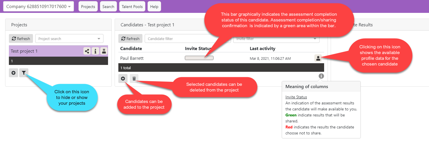 Project & candidate status screens